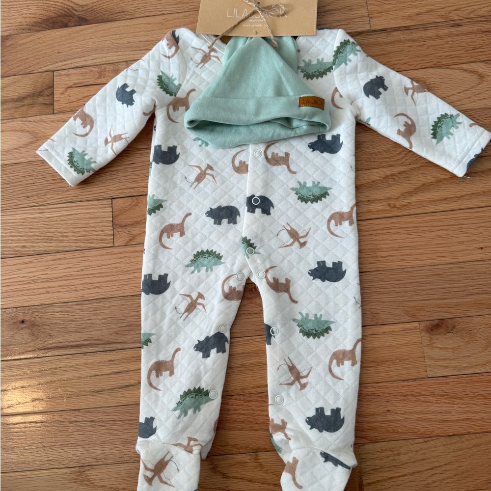 Lila and Jack Dinosaur Print Baby Onesie with Hat